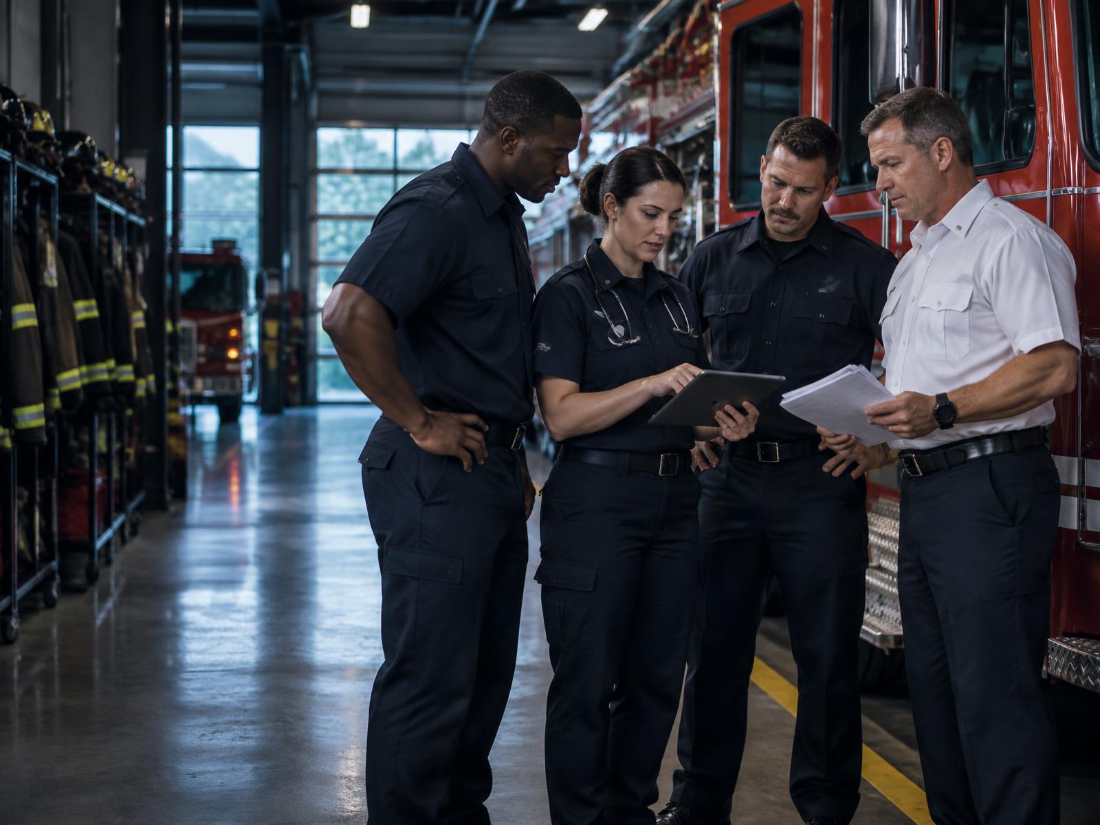 Fire and EMS first responders reviewing station operations together beside an apparatus